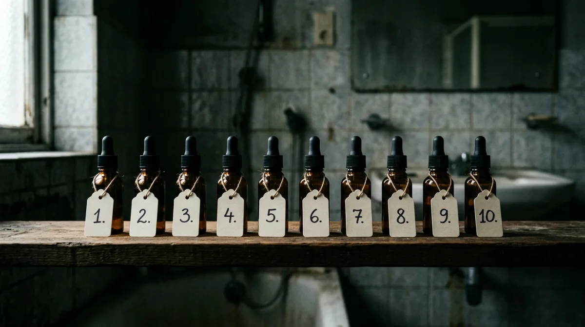 Ten identical unbranded skincare bottles lined up on a shelf with small numbered tags, illustrating the elaborate multi-step routine sold as a ritual rather than a proven regimen