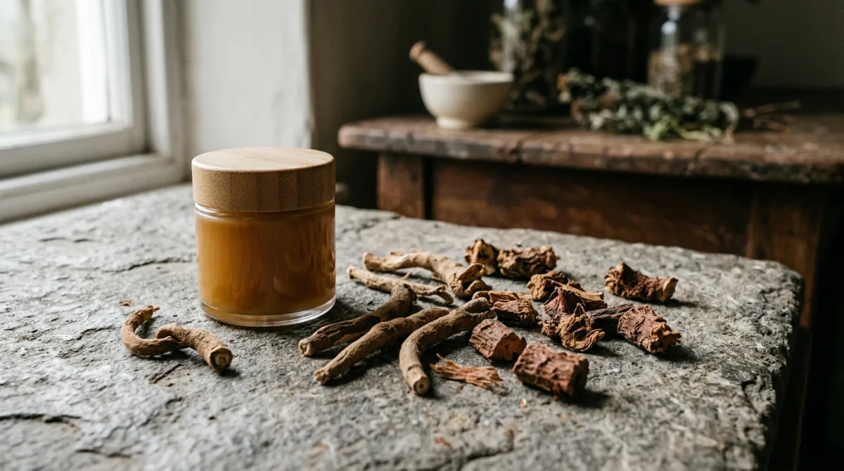 Dried ashwagandha root and rhodiola herbs scattered beside a plain unbranded skincare jar, illustrating a wellness ingredient borrowed with no topical evidence base