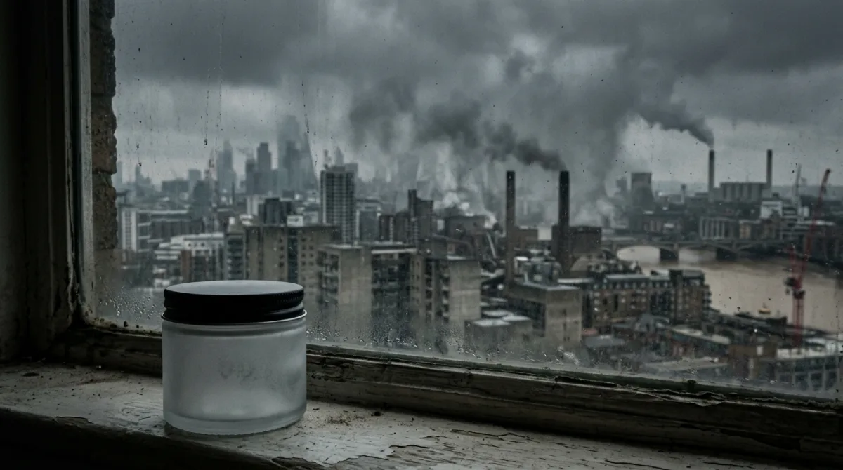 An unbranded skincare jar photographed against a hazy, smog-tinted urban skyline — anti-pollution skincare's central promise, that a jar can shield skin from a city's air, has no standard test behind it.