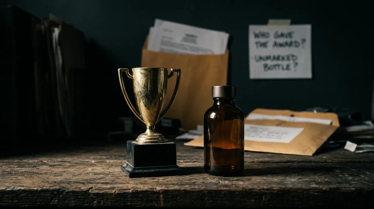 A small gold trophy beside a plain unbranded skincare bottle, questioning who gave the award and what the criteria actually were