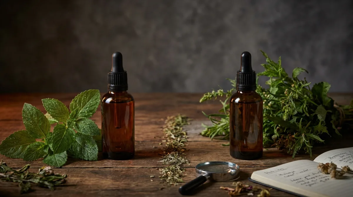 An amber dropper bottle of bakuchiol serum positioned beside fresh green plant leaves, split-composition framing that echoes the marketing comparison between a lab-proven retinoid and a thinly-evidenced plant alternative