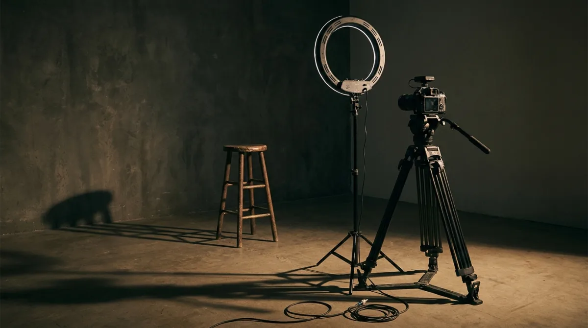A ring light and camera on a tripod aimed at an empty stool, the kind of staged setup used to capture 'before and after' skincare photography