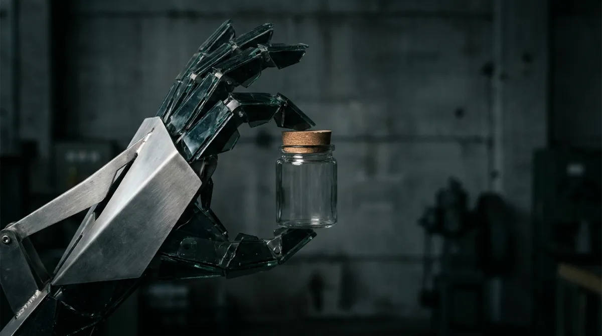 A small unbranded jar being lifted by a large abstract geometric claw shape, illustrating a small brand being absorbed by a larger company