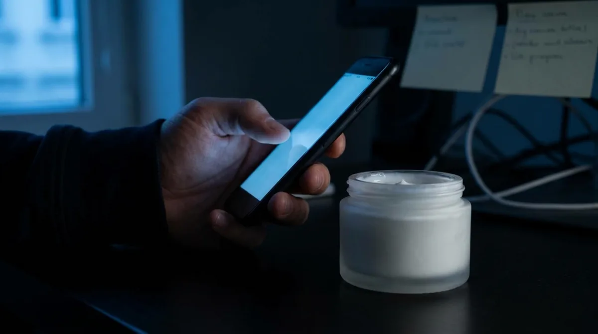 A smartphone screen glowing blue held close to an unbranded skincare jar in a dim room, illustrating the disproportion between screen exposure and the sun exposure the science actually studies