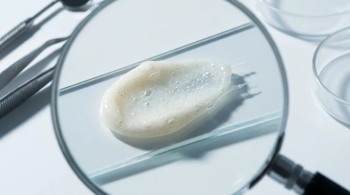 Macro shot of a CBD skincare cream swatch under raking light, showing fine air bubbles and inconsistent texture — echoing the batch-to-batch variability found when independent labs test what's actually in CBD products