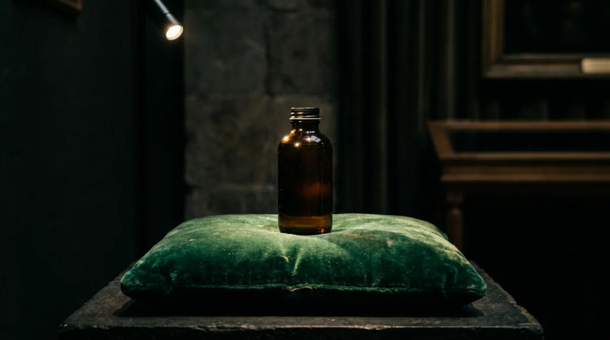 A plain, unbranded bottle on a velvet cushion under a dramatic spotlight against a dark background, illustrating how manufactured prestige is staged around an ordinary product