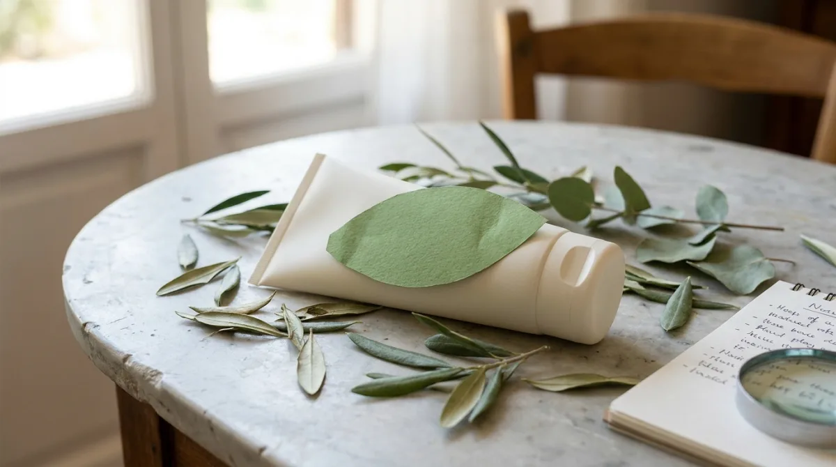 A plain white tube beside scattered leaves on stone, its label a blank leaf-shaped space with no wording — the empty claim at the centre of 'clean' beauty, a term no regulator has ever defined