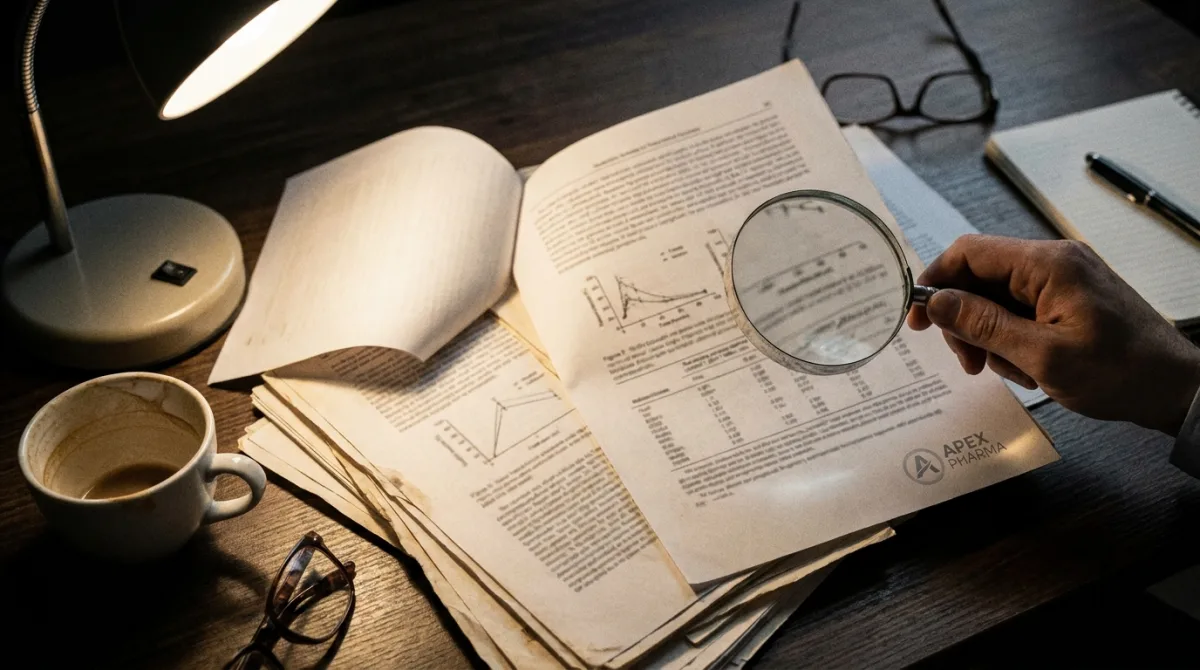 A stack of scientific journal papers with a small brand watermark logo highlighted on the cover page, illustrating how funding sources hide in plain sight on clinical research