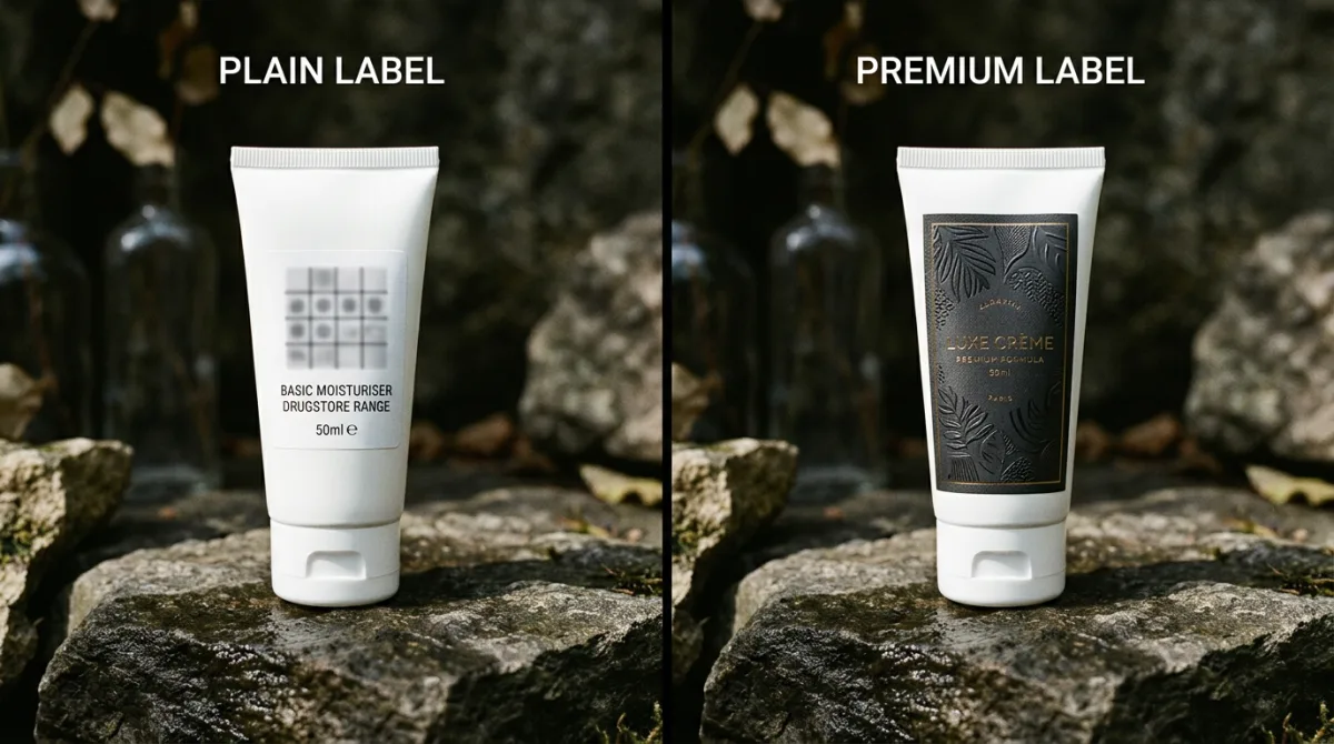 Two identical unbranded skincare tubes side by side, one plainly labelled and one with premium embossed packaging, illustrating that 'clinically proven' and 'dermatologically tested' can describe near-identical products