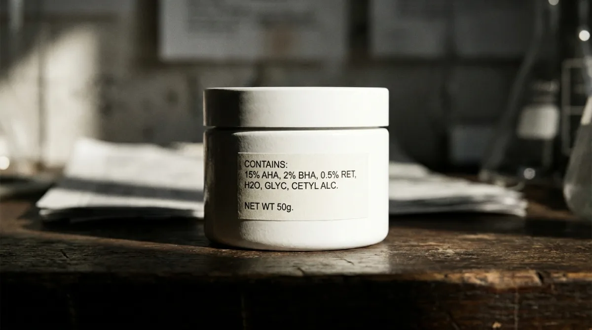 Close-up of a plain white cosmetic jar under dramatic side lighting, with small fine-print text on the label — a visual cue for scrutinising the percentage claims behind collagen skincare marketing