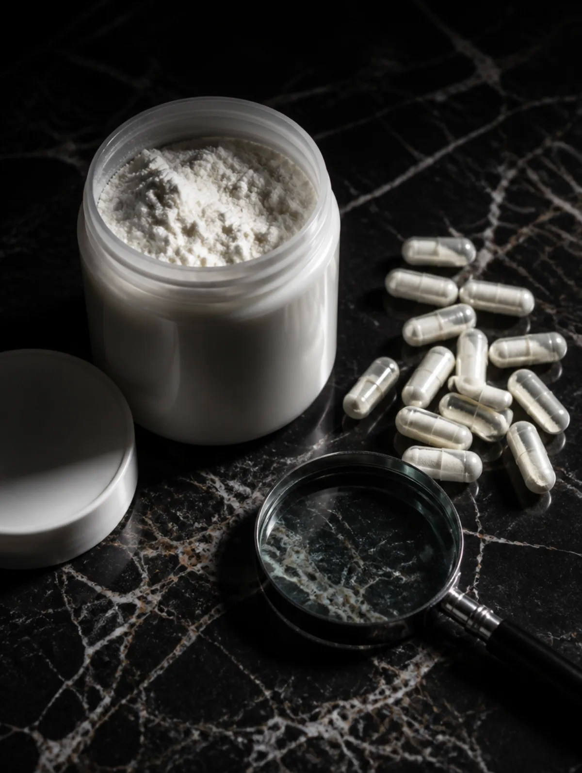An open jar of white collagen powder on a dark surface next to scattered capsules and a magnifying glass, under clinical side lighting suggesting scrutiny of supplement claims