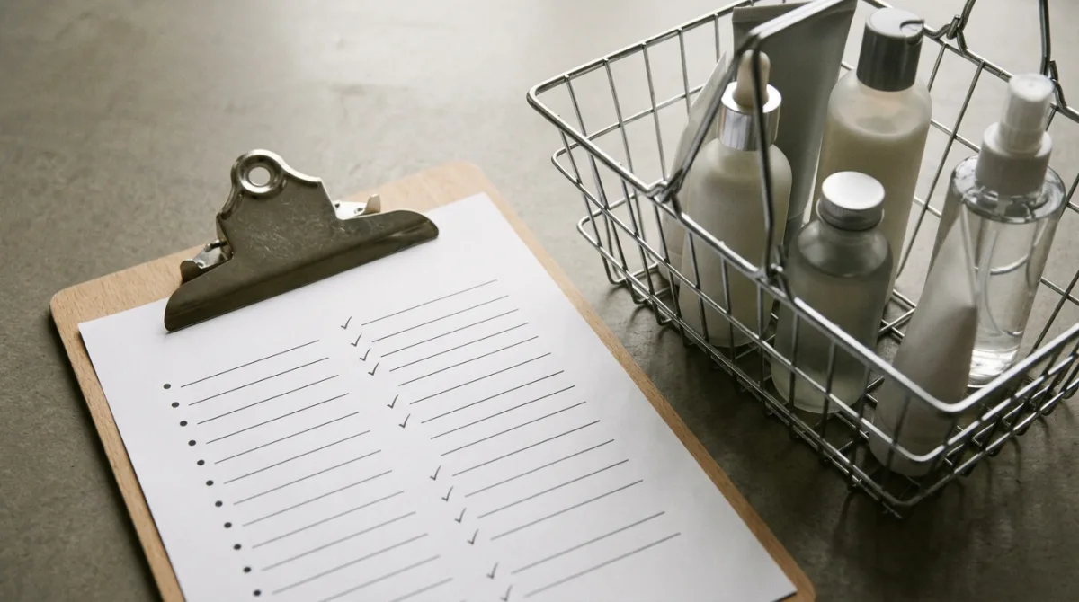 A clipboard with a skin-analysis checklist beside a shopping basket of skincare bottles, illustrating a consultation designed to end in a sale