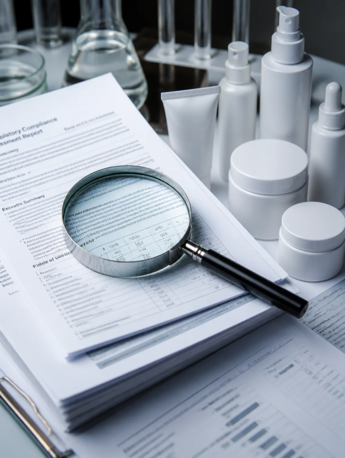 A magnifying glass resting on a stack of official documents beside unbranded cosmetic bottles under clinical lighting