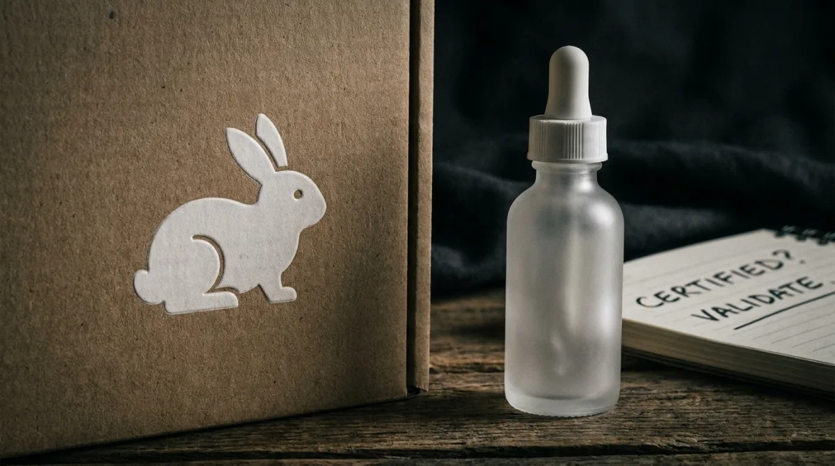 A plain white rabbit-shaped icon stamped on blank cardboard packaging beside an unbranded bottle — the cruelty-free symbol that can mean a rigorously audited supply chain, or simply a brand's own signature