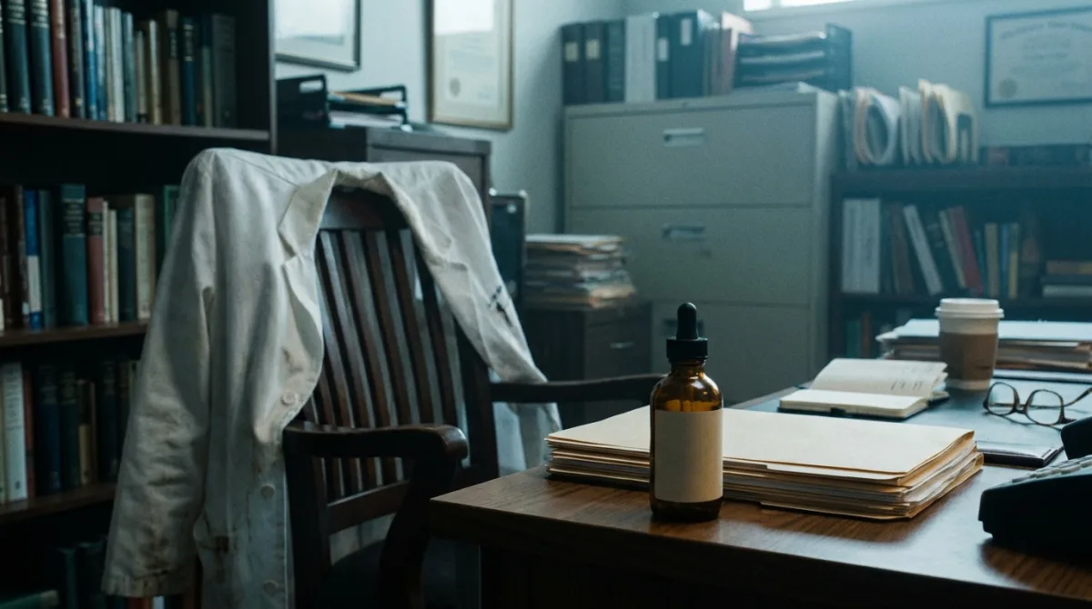 A white coat draped over a chair beside an unbranded skincare bottle on a desk, illustrating borrowed medical authority in a claim that rarely means what it implies