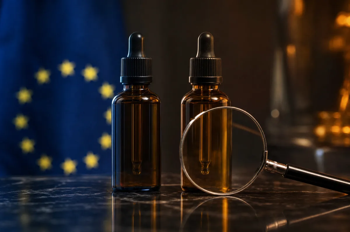 Two identical-looking unbranded amber skincare bottles under a magnifying glass, one lit in cool blue tones and the other in warm amber, illustrating how the same product name can hide two different formulas depending on which country's regulations it was made to satisfy