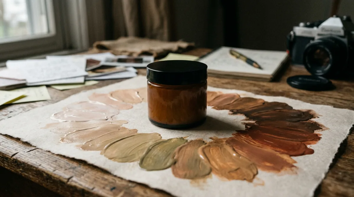 A single unbranded skincare jar surrounded by an abstract gradient of colour swatches representing diverse skin tones, illustrating how real variation gets weaponised as an unfalsifiable excuse