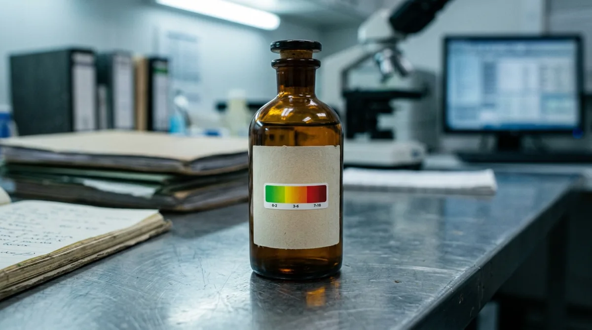 An unbranded skincare bottle bearing a small traffic-light coloured rating scale sticker on its label — a single number standing in for a far more complicated risk assessment