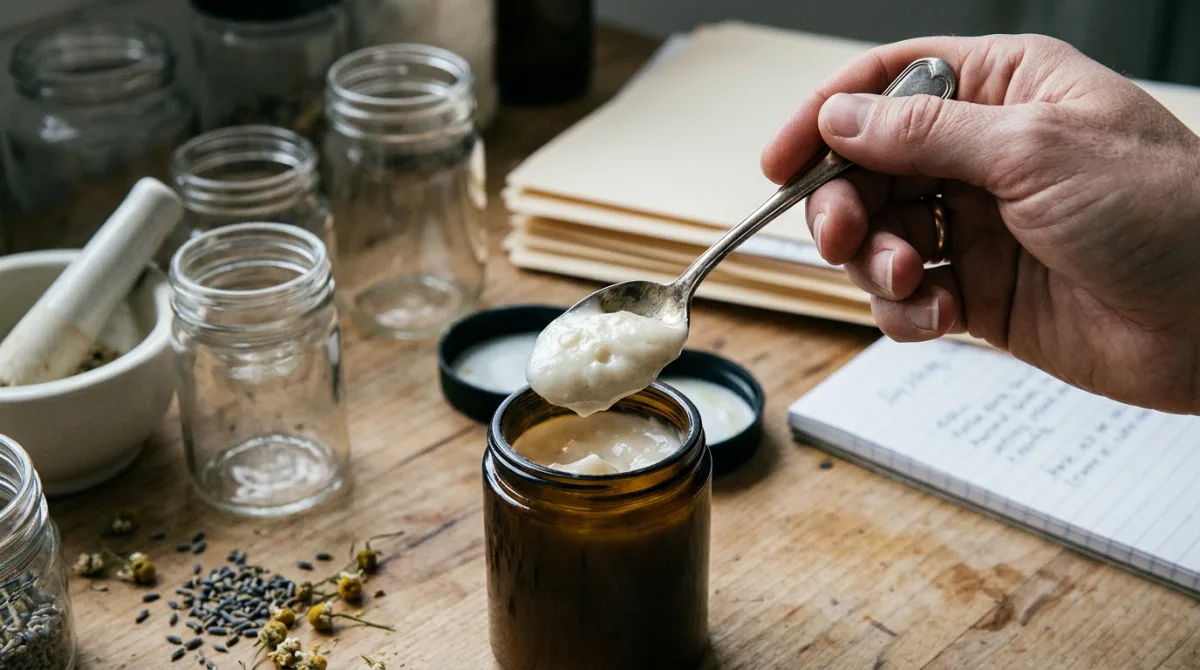 A small spoon holding a dollop of skincare cream held above a plain unbranded jar as if about to feed it, illustrating the absurdity of 'feeding' language in skincare marketing