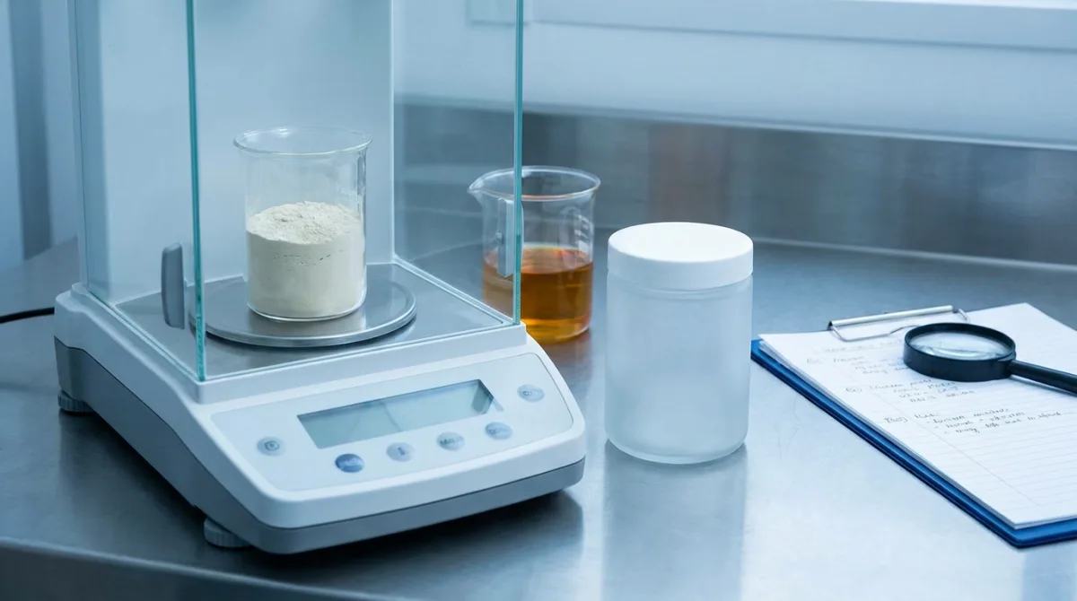 Raw skincare ingredient powder and liquid in lab beakers on a precision scale beside a finished packaged jar, illustrating the gap between true manufacturing cost and retail price
