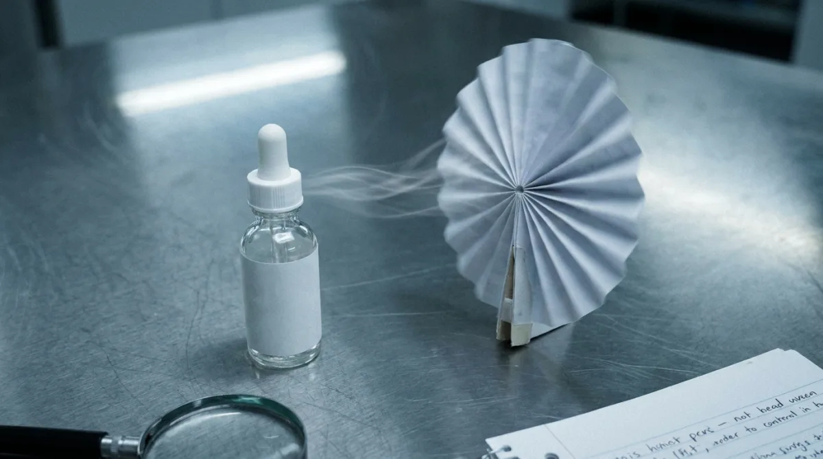 An unbranded skincare bottle with a small paper fan wafting scent lines away from it, illustrating the masking fragrance that 'unscented' labelling doesn't rule out
