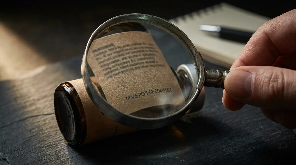 A magnifying glass held over a skincare ingredient list, focused on tiny print near the bottom, revealing where the headline 'hero' ingredient actually sits