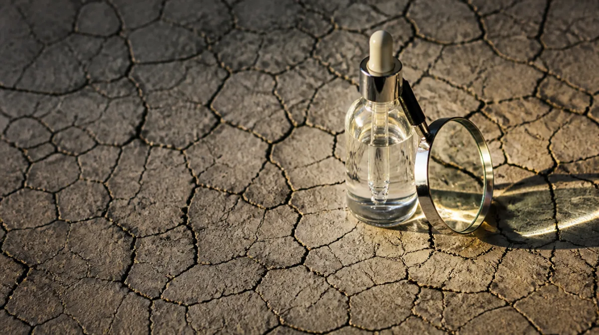A serum droplet suspended above a dry, cracked surface under clinical lighting, illustrating the contradiction between hydration marketing and molecular reality