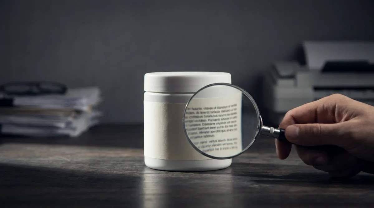 A magnifying glass held over a plain white skincare jar's label, scrutinising the small print behind an unregulated 'hypoallergenic' claim