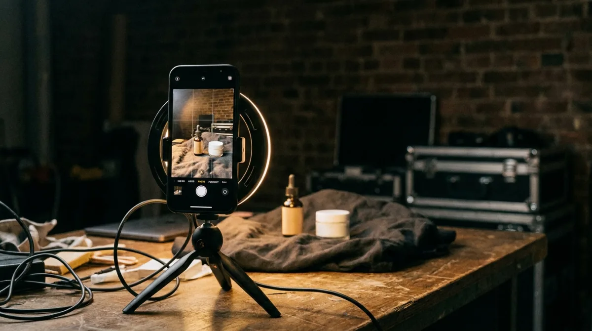 A smartphone on a tripod with a ring light angled at an unbranded skincare product, the staged setup behind content presented as an organic, unpaid recommendation