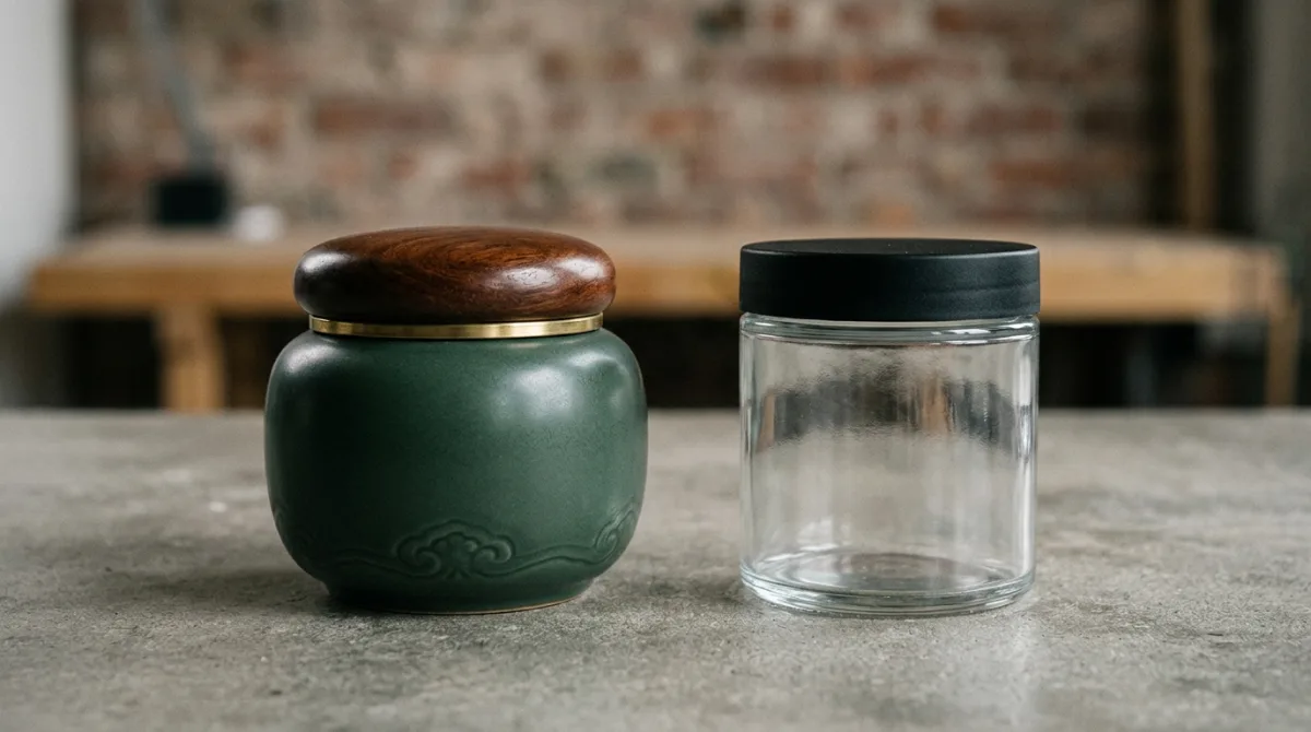 An ornate minimalist jar beside a plain simple jar of similar size, illustrating premium pricing tied to aesthetic rather than formulation