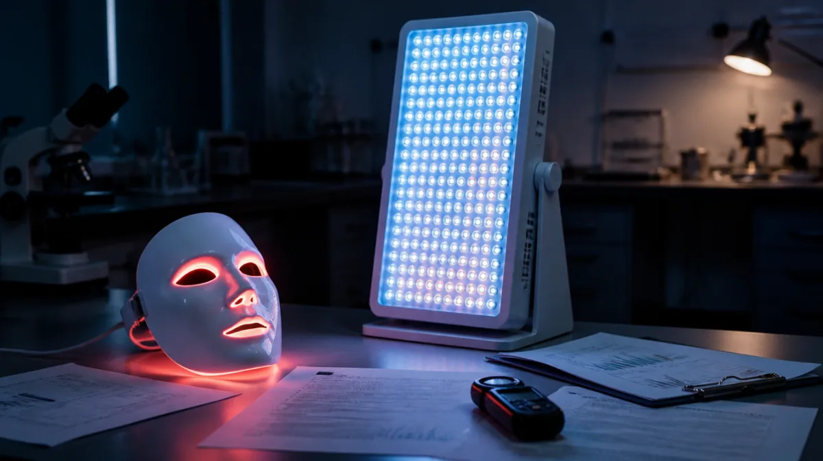 An LED face mask sitting on a lab bench next to clinical phototherapy equipment, highlighting the scale difference between consumer and medical devices