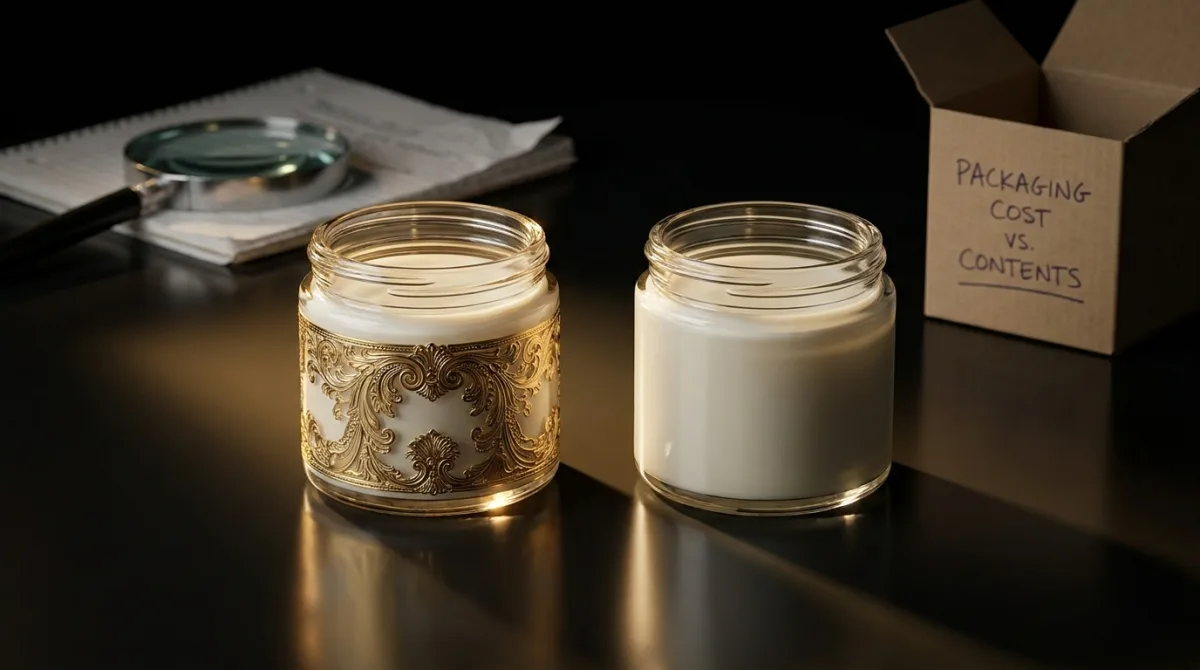 An ornate gold-embossed jar beside a plain, identically shaped jar on a dark reflective surface, illustrating how packaging cost is disconnected from formulation quality