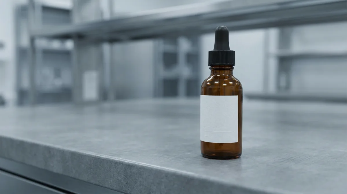 An unbranded amber dropper bottle with a plain white label on a stark clinical grey surface, evoking medical authority the packaging doesn't actually confer