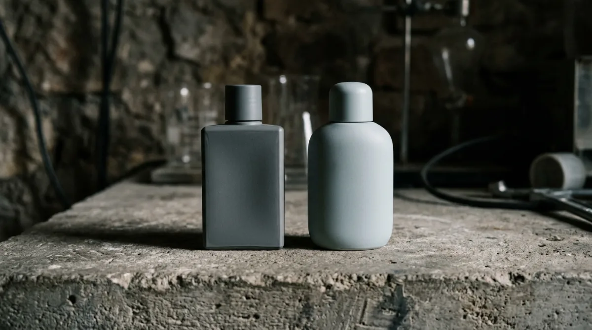 Two identical unbranded skincare bottles side by side in different packaging styles, illustrating that men's and women's skincare are often the same formula sold twice