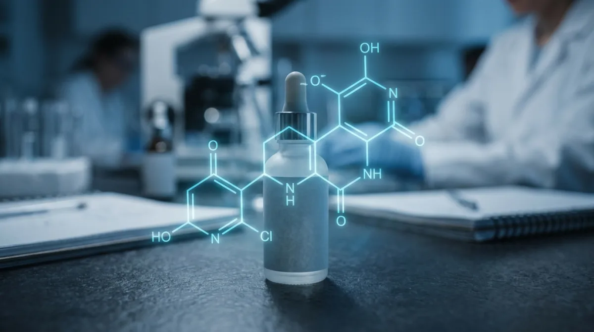 A translucent molecular structure diagram overlaid on an unbranded serum bottle, illustrating the multi-weight hyaluronic acid marketing claim
