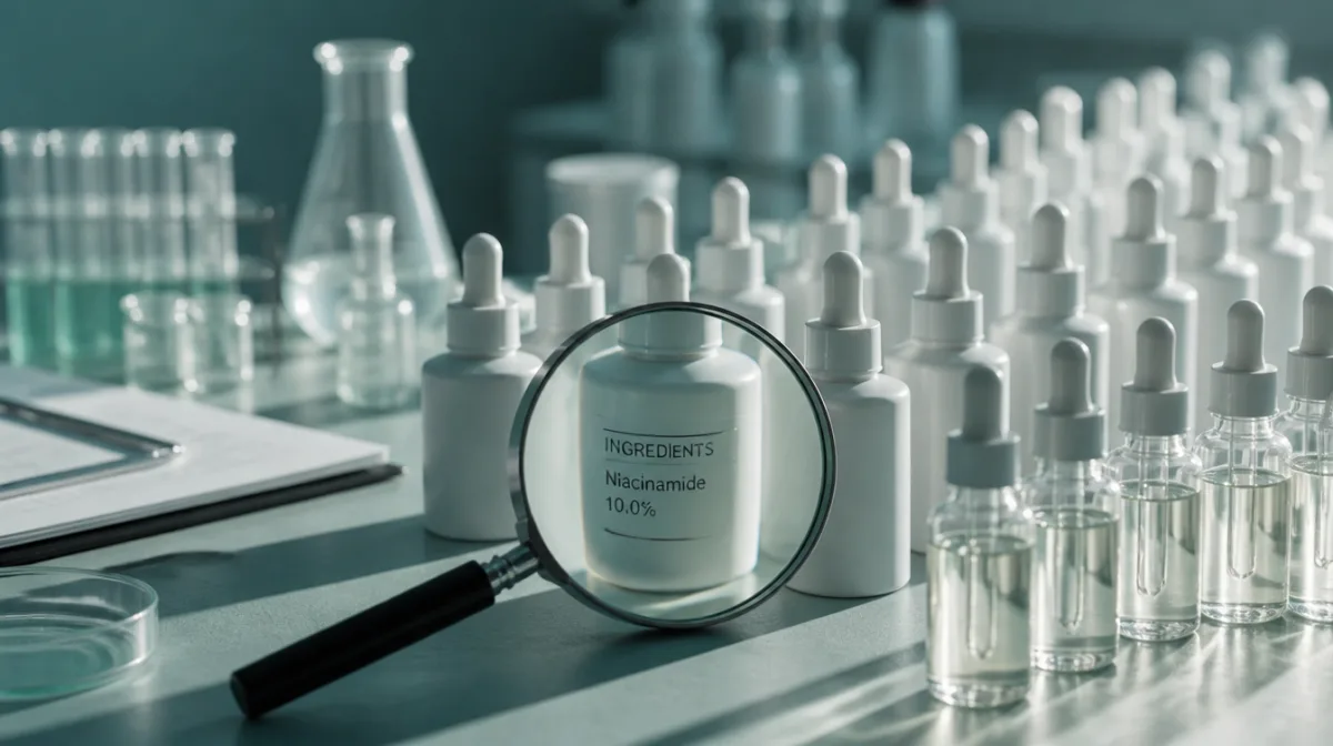 Rows of identical skincare bottles stretching into the distance under clinical lighting, illustrating the ubiquity of a single ingredient across an entire product category