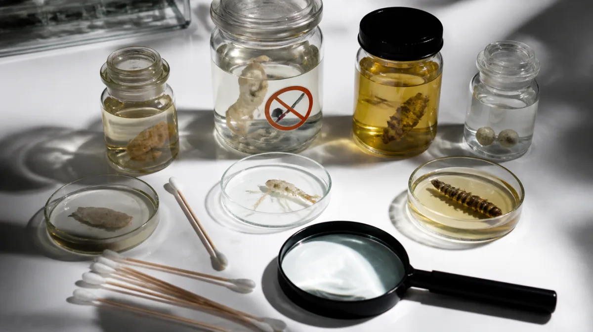 Glass laboratory jars with clear preservative liquids under clinical lighting, one marked with a crossed-out symbol, illustrating how removing parabens means substitution not elimination