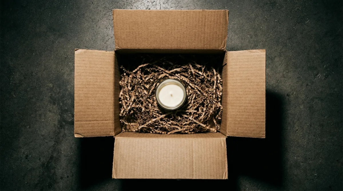 A small simple skincare jar nested inside a large plain cardboard shipping box, illustrating an indie-looking brand owned by a conglomerate