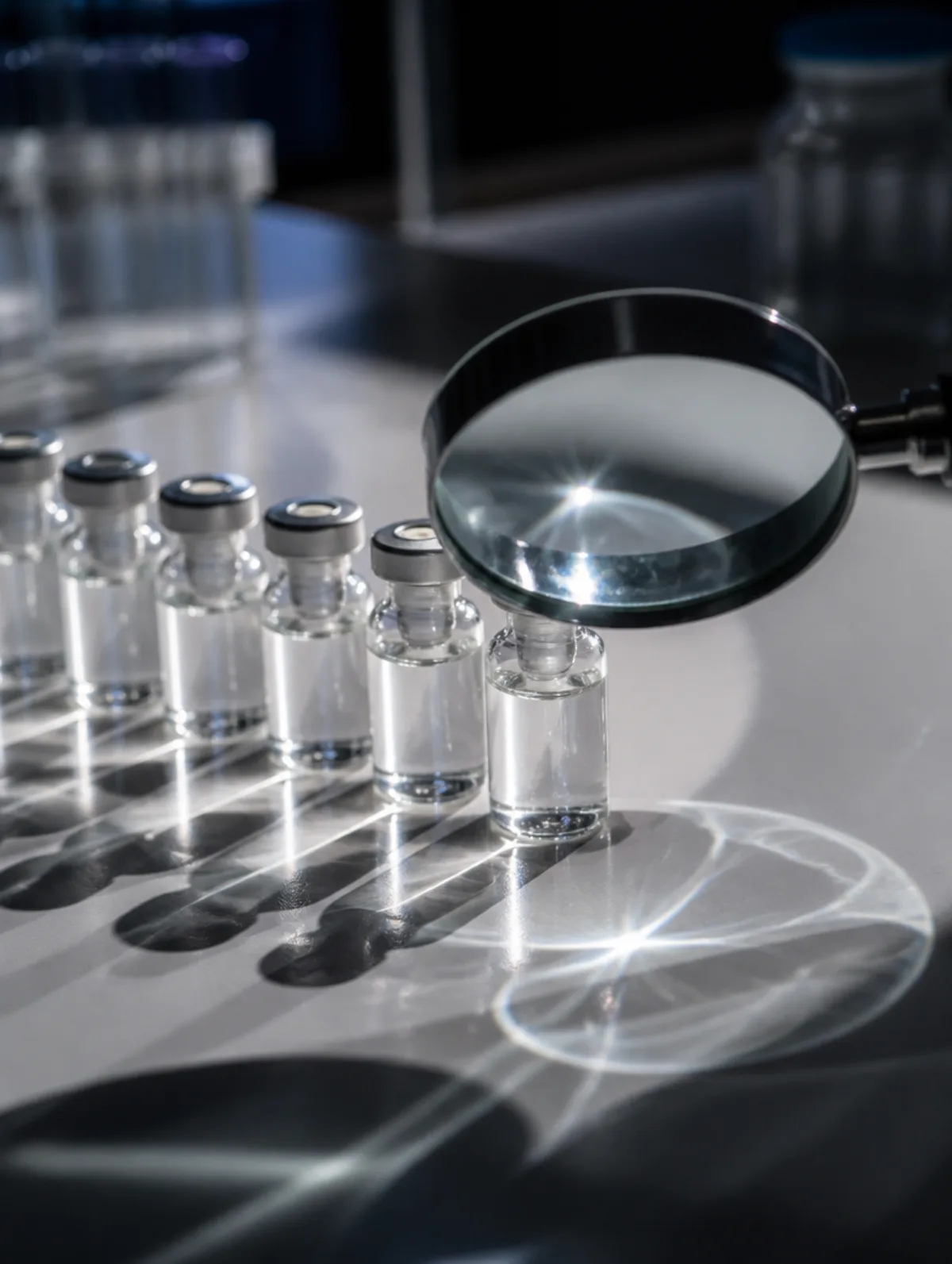 A magnifying glass hovering over a cluster of unlabelled serum vials in a clinical lab setting, dramatic side-lighting casting long shadows