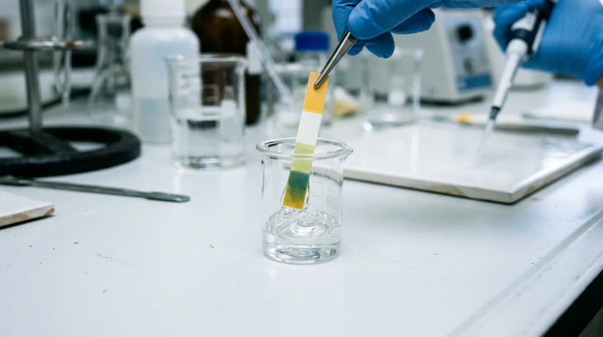 A pH test strip changing colour as it's dipped into clear skincare gel, macro shot on a white lab surface, testing whether a 'pH-balanced' claim actually holds up