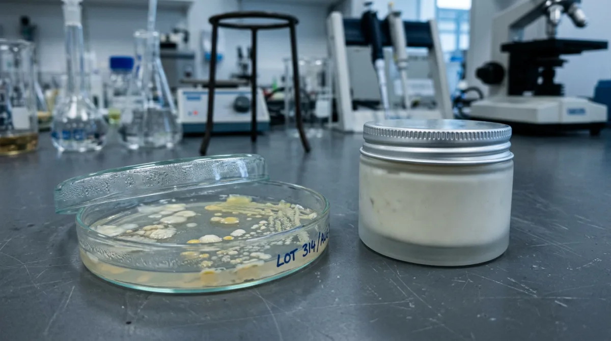 A laboratory petri dish with visible bacterial culture beside an unbranded cream jar, questioning whether live cultures can survive in a sealed cosmetic product