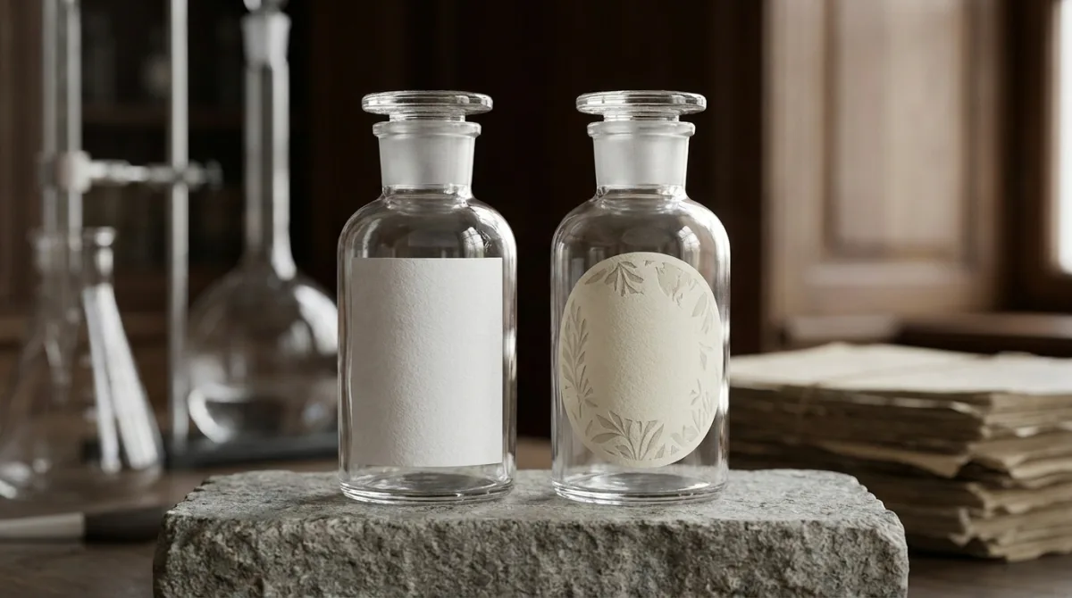 Two identical unbranded skincare bottles side by side, one with a stark clinical label and one with a softer retail-style label, illustrating an identical formula sold under different packaging