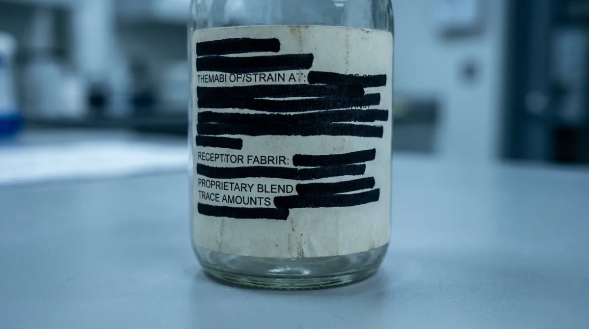 Close-up of a cosmetic ingredient list with several lines blacked out and redacted, evoking how trademarked complex names obscure what's actually in the formula