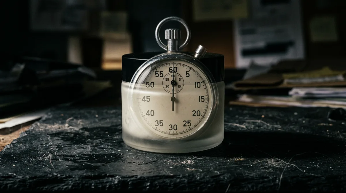 A stopwatch overlaid on an unbranded skincare jar, representing the arbitrary four-week timeframe skincare marketing assigns to results