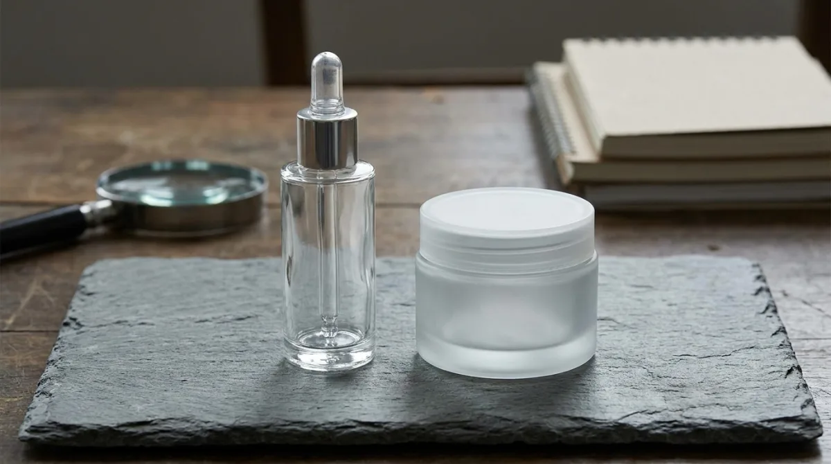 A small dropper-topped serum bottle and a larger cream jar side by side, the serum priced higher per ml despite creams requiring the more complex emulsion manufacturing process