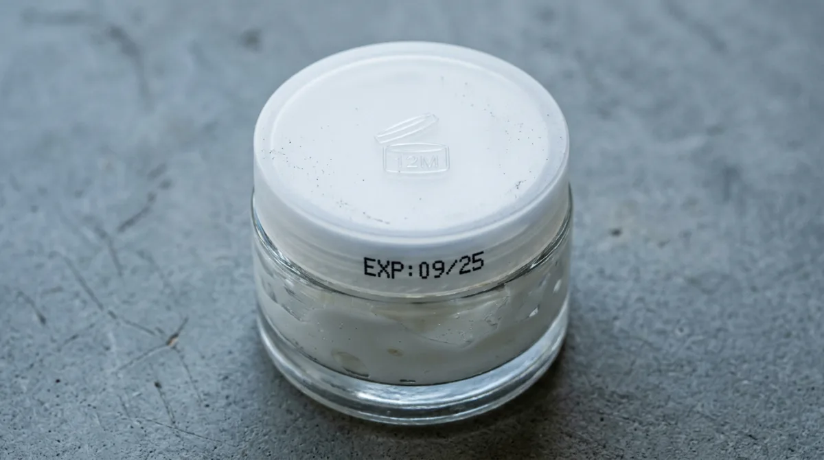 A skincare jar stamped with an expiry date and a PAO jar-icon symbol, representing the gap between industrial shelf-life engineering and what's best for skin