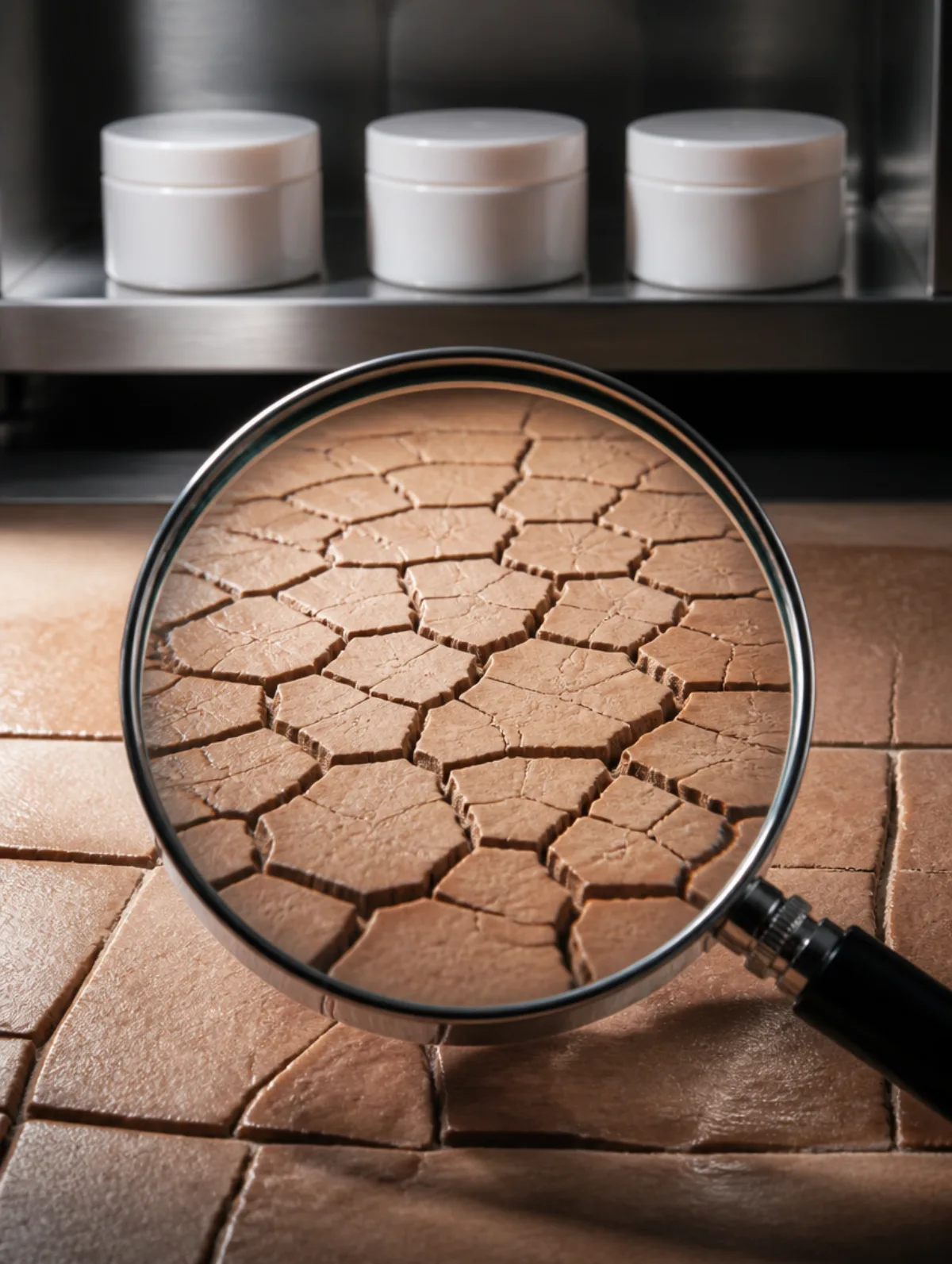 A magnifying glass held over a cracked, dry ceramic surface styled to resemble skin, dramatising the exaggerated imagery used to market barrier repair products