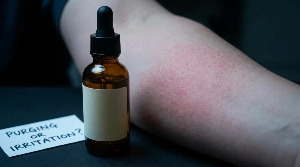 Close-up of inflamed, irritated skin beside an unbranded acid-exfoliant bottle, illustrating the difference between genuine purging and a product reaction