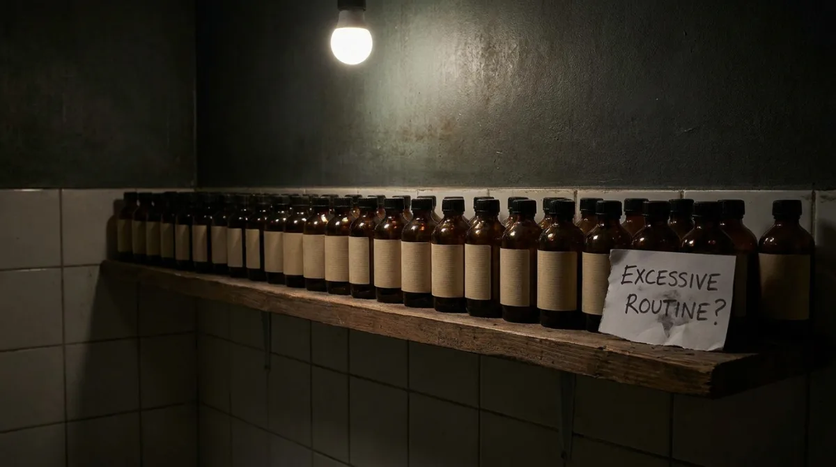 A bathroom shelf crowded with rows of identical unbranded bottles, evoking the clutter of detox and purifying products sold on borrowed wellness language rather than proven function