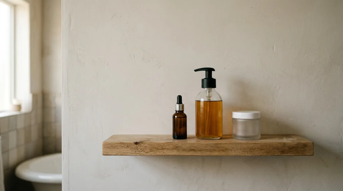 A nearly empty minimalist bathroom shelf holding just two or three unbranded skincare bottles, illustrating fewer products sold at higher prices